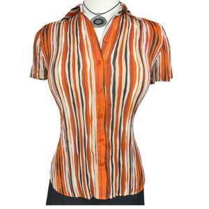 Essentials‎ by Milano Women's Striped Button Down Blouse Orange Brown Small